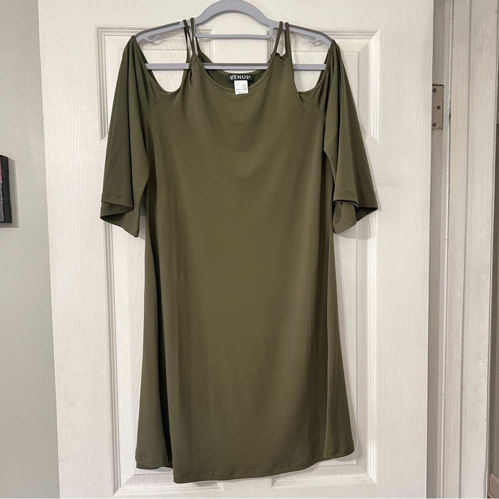 VENUS Long Sleeve Cold Shoulder Dress in Olive